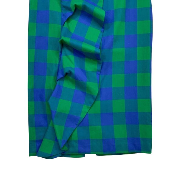 TOV Ruffle Plaid Skirts 40 US/M Blue Green Pencil Straight Midi Heritage Fall - Picture 10 of 14